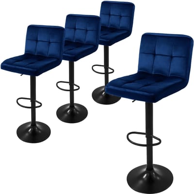 Set van 4 barkrukken blauw fluwelen bekleding met rugleuning en voetensteun in hoogte verstelbaar 63-83cm ML-Design