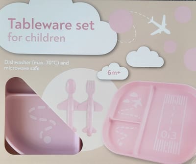 Roze kinderserviesset - bord vork en lepel in vliegtuigmotief voor baby's vanaf 6+ maanden - servies voor peuters