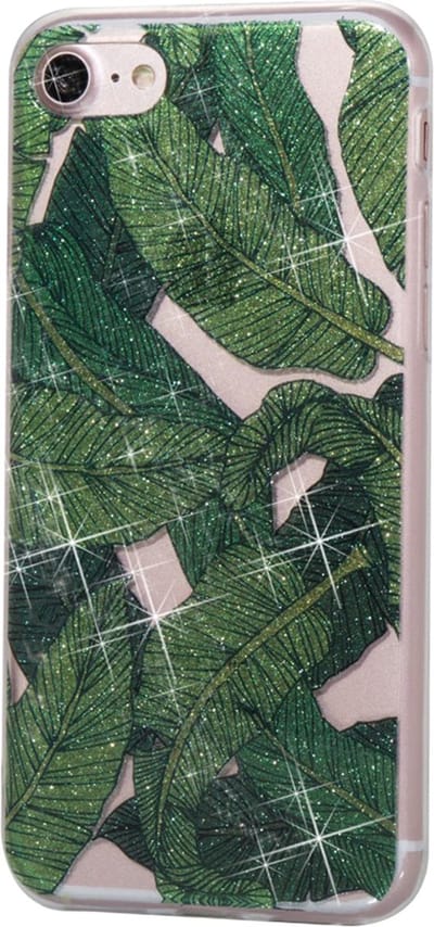 Peachy Glitter Poeder hoesje TPU geschikt voor iPhone 7 8 SE 2020 SE 2022 - Groene Bladeren