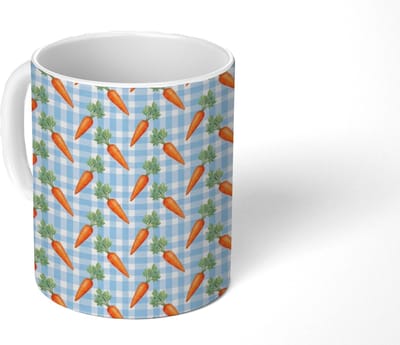 Mok - Koffiemok - Wortels - Oranje - Blauw - Geruit - Mokken - 350 ML - Beker - Koffiemokken - Theemok