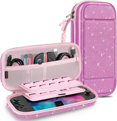 Geschikt voor Nintendo Switch 2 - Hard Shell Beschermhoes - Draagbare Reistas met 20 Game Card Slots - Binnenzak voor Accessoires - Fuchsia Vol sterren