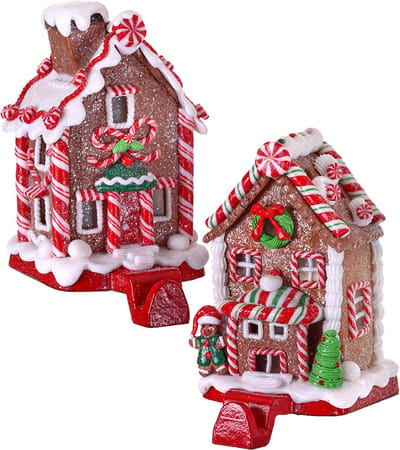 Viv! Christmas Kerstbeeld - Gingerbread Snoephuis van Klei Kerstsok Houder - set van 2 - rood wit bruin - 17cm
