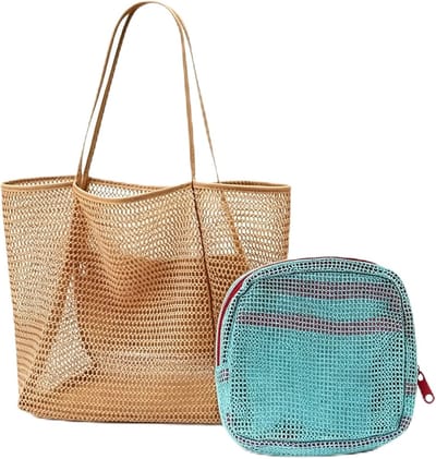 Grote 2-in-1 strandtas voor dames, XL mesh tas met ritssluiting, ideaal voor strand, reizen en winkelen, bruin
