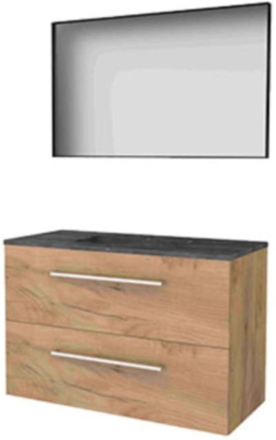Basic-Line Framed 46 Badkamermeubelset - 100 x 46 cm - Met Grepen - 2 Lades - Hardstenen Wastafel - 1 Kraangat - Spiegel met Zwart Aluminium Frame - Whisky Oak