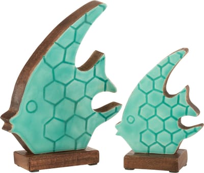 J-Line decoratie Vis Op Sokkel - hout - azuurblauw - large