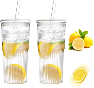 600 ml, met deksel en rietje, 2 stuks voor smoothies, sap, koffie, lange glazen