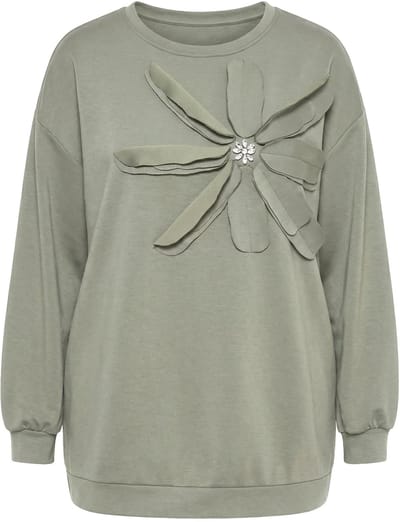 MIAMODA - Dames - Sweatshirt A-lijn versierde 3D-bloemen - Rietgroen - Maat 50