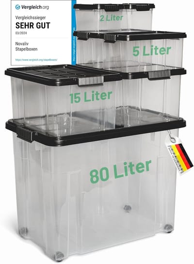 Novaliv 7-delige set opbergdozen met deksel, antraciet, 1x80 L + 2x 15 L + 2x 5 L + 2x 2 L, nestbaar, stapelbaar, clipsluiting, roldozen, BPA-vrij