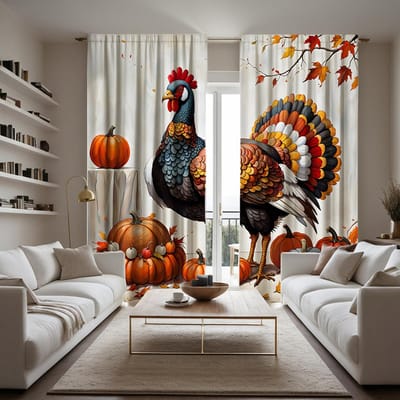 2 pièces Rideau décoratif Coq Citrouille Fête des Récoltes HD Blanc à nouer Rideau imprimé numérique Style Décoration d'intérieur Décoré W52H63inchW132H160cm black