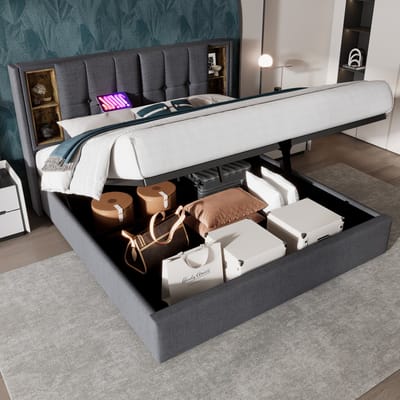 SINGULARITY-Tweepersoonsbed met draadloos opladen USB C- gestoffeerd bedframe 180x200cm- bedframe met opbergruimte lattenbodem grijs zonder matras