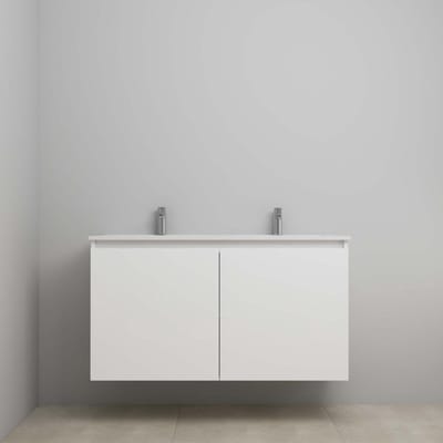 On-Line Onderkast - 120 cm - Bouwpakket - Greeploos 2 Deuren - Porseleinen Wastafel - 2 Kraangaten - Hoogglans Wit