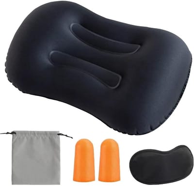 Lichtgewicht Opblaasbaar Luchtreiskussen voor Camping en Backpacken met Ondersteuning, Inclusief Oogmasker, Oordoppen en Opbergtas, Ideaal voor Strand en Wandelen