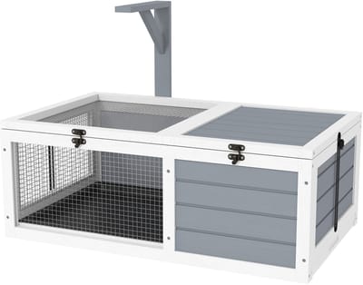 Huis voor kleine dieren schildpad met 2 ruimtes, lamphouder 2 schuifladen, 81 x 48 x 31,5 cm, massief hout, grijs | Kooi voor kleine dieren, 2 ruimtes, 2 schuifladen, massief hout