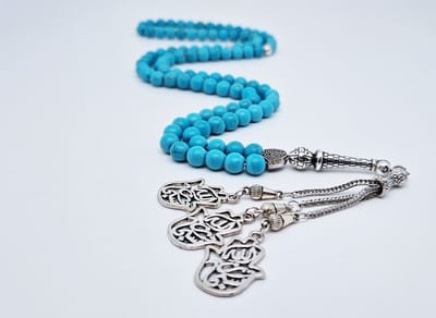 Handgemaakte tesbih "Tasbih" natuursteen "Turkoois" - Aantal kralen 99 - Diameter kralen 8MM - met metaal tassel "Maryams handpalm" - Een mooi cadeau-idee