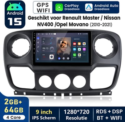 Hexinex - Autoradio Geschikt voor Renault Master III Opel Movano B Nissan NV400 - Draadloos CarPlay Android Auto multimediaspeler - 2+64GB