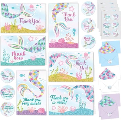 Bedankkaartjes Zeemeermin Set met Enveloppen en Stickers | Bedankjes voor Kinderfeestje of Kraamvisite