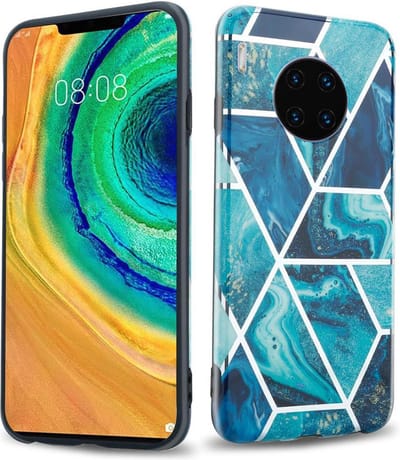 Cadorabo Hoesje geschikt voor Huawei MATE 30 PRO in Blauwe Golf Marmer No. 13 - Beschermhoes gemaakt van TPU siliconen Case Cover met mozaïek motief