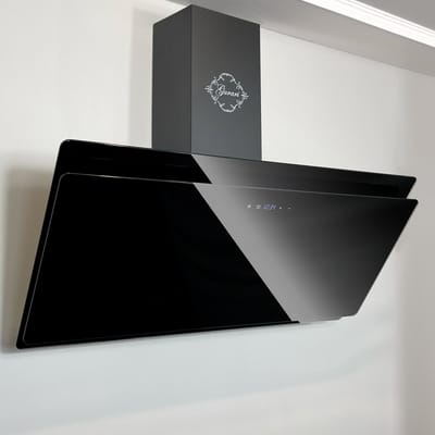 GURARI Wandafzuigkap GCH S 411 90 BL PRIME N+Slang, Afzuigkap 90 cm, zwart glas, 1000m³/h