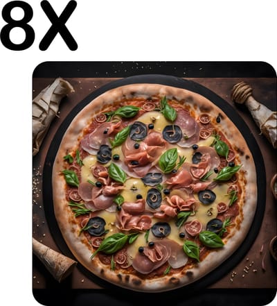 Luxe Placemat - Traditionele Pizza op een Donkere Ondergrond - Set van 8 Placemats - 50x50 cm - 2 mm dik Vinyl - Anti Slip - Afneembaar