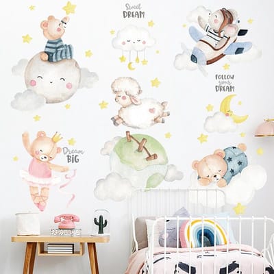 Muursticker | Beertjes en Schaap | Wolken | Wanddecoratie | Muurdecoratie | Slaapkamer | Kinderkamer | Babykamer | Jongen | Meisje | Decoratie Sticker |