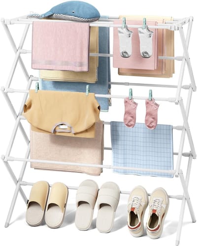 Dailygoods- Droogrek Inklapbaar Ruimtebesparend - Staand Droogrek - Uittrekbaar Torenwasrek - 6 Niveaus - 11 Stangen - Wit - Wasrek
