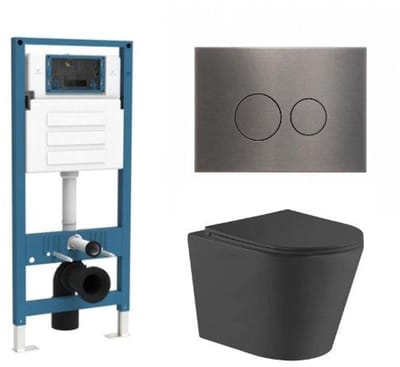 QeramiQ Dely Toiletset - inbouwreservoir Qeramiq Flush - slim zitting - metaal gunmetal bedieningsplaat - ronde knoppen - mat zwart