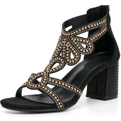 Grote Maten Zomervakantie Sandalen Trendy Comfortabel Lopen Bohemien Stijl Parel Rome Vintage 7cm Vierkante Hoge Hakken Damesschoenen 9.5 black