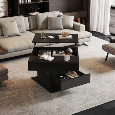 Salontafel - 70 x 70 x 45 cm - Geometrisch Ontwerp met 360° Draaibare Bovenkant - Verstelbare Hoogte met 1 Lade - Hoogglans - Zwart