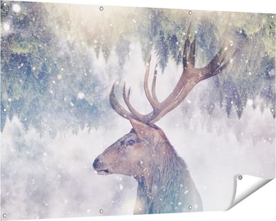 Gards Tuinposter Hertenkop - Hert op een Bomen Achtergrond - 150x100 cm - Tuindoek - Tuindecoratie - Wanddecoratie buiten - Tuinschilderij