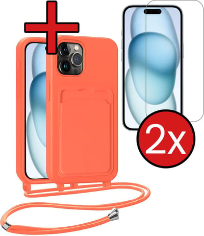 Hoesje Geschikt voor iPhone 14 Pro Hoesje Met Telefoonkoord en Pasjeshouder Met 2x Screenprotector Siliconen - Hoes Geschikt voor iPhone 14 Pro Hoesje Met Kaarthouder Case - Papaya