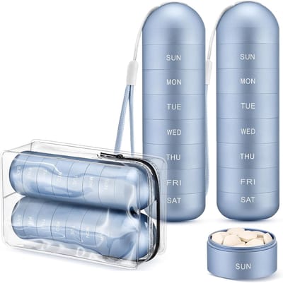 Pillendoosjes – Medicijndoosje voor 7 dagen – [Set van 2] – Metalen reis-pillendoos – Draagbaar – Waterdicht – Groot model (aluminiumlegering) – BPA-vrij – Geschikt voor medicijnen, supplementen en vitaminen – Blauw