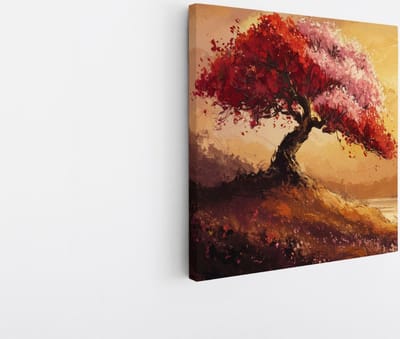 Saammp Canvas Schilderij - Abstracte Boom met rode bladeren - Landschap - Natuur - 20x20 - Foto op canvas - Wanddecoratie - Muurdecoratie Woonkamer - Slaapkamer decoratie - Canvas Print
