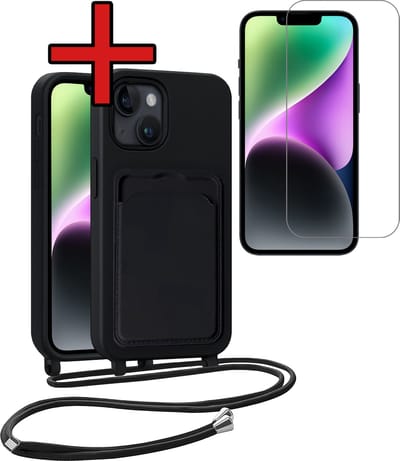 Hoesje Geschikt voor iPhone 13 Hoesje Met Telefoonkoord en Pasjeshouder Met Screenprotector Siliconen - Hoes Geschikt voor iPhone 13 Hoesje Met Kaarthouder Case - Zwart