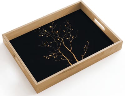 Dienblad hout 40x30 cm - Schootdienblad - Takken - Blaadjes - Zwart - Borrelplank rechthoek - Plateau dienbladen