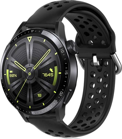 Strap-it Siliconen bandje met gaatjes - geschikt voor Huawei Watch GT / GT 2 / GT 3 / GT 3 Pro 46mm / GT 4 46mm / GT 5 (Pro) (46mm) / GT 4 46mm / GT 5 (Pro) (46mm) / GT 2 Pro / GT Runner / Watch 3 - Pro / Watch 4 (Pro) / Watch Ultimate - zwart