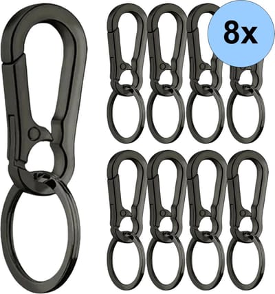 8x Karabijnhaak Met Sleutelring - Musketonhaak - Karabijnsluiting - Musketon - Sleutelhanger - RVS - 70x25mm - Zwart - 8 Stuks