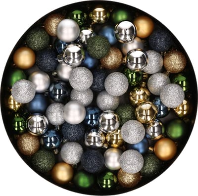 80x stuks kleine kunststof kerstballen mix groen/blauw/goud/zilver 3 cm - Kerstversiering
