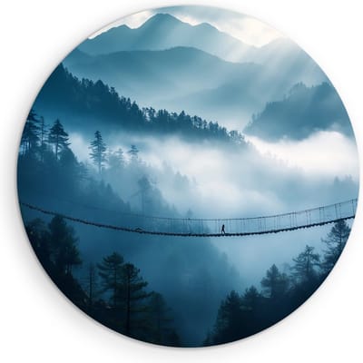 Saammp Muurcirkel Hout - Natuur - Hangbrug - landschap - Ø 90 - Wandcirkel - Wanddecoratie Cirkel - Muurdecoratie Woonkamer - Slaapkamer decoratie - Rond Schilderij