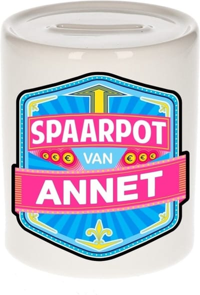 Bellatio Decorations Kinder spaarpot met naam - Annet - keramiek - met dop - wit - Sparen - Spaargeld van Annet