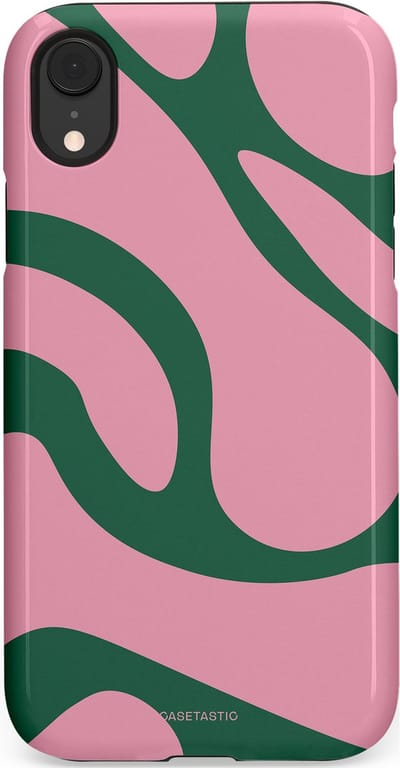 Casetastic hoesje geschikt voor Apple iPhone XR - Dubbellaagse bescherming - Groen Roze Dansende Vormen - Fashion Case - Lichtroze Donkergroen