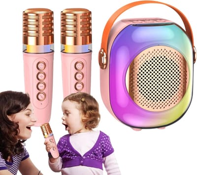 Draagbare karaoke-machine voor kinderen, met microfoons, draagbare karaoke-machine voor kinderen, met 2 microfoons, grappige zangmachine, karaoke-luidspreker voor thuis, bas（Roze）