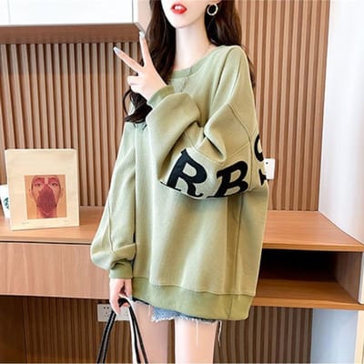 Sweat-shirt femme printemps et automne grande taille pull fin à manches longues étudiant haut paresseux ample XL vert
