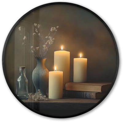 Poster in lijst Rond - Fotolijst 60x60 cm - Posters - Kaarsen - Stilleven - Rustiek - Boeken - Ronde posterlijst zwart - Decoratie - Wanddecoratie woonkamer - Muurdecoratie slaapkamer