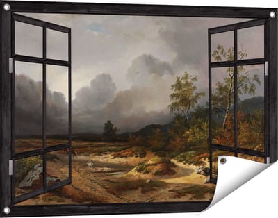 Gards Tuinposter Doorkijk Landschap bij Naderend Onweer - Willem Roelofs - 90x60 cm - Tuindoek - Tuindecoratie - Wanddecoratie buiten - Tuinschilderij