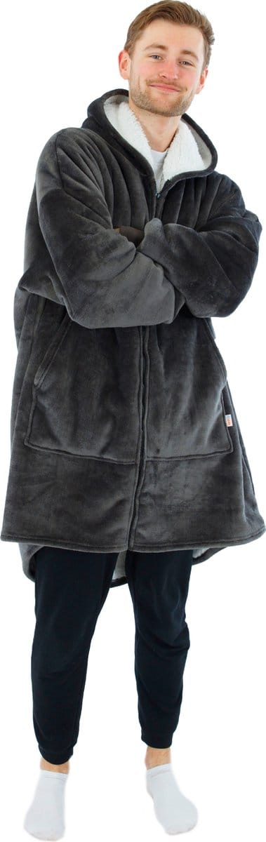 Vestie Hoodie Deken Met Rits - Hoodie Blanket With Zipper - Oversized Draagbare Deken - Sherpa Fleece - Grey - Grijs