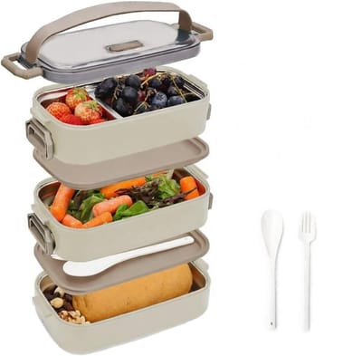 Famanu – Bento Box Lunchbox 1700 ML, 3 in 1 Roestvrij Staal Broodtrommel met 4 Vakken, Duurzame Snackbox met Lepel, Lunchbox voor Volwassenen en Kinderen, Broodtrommel voor School Werk Picknick Reizen