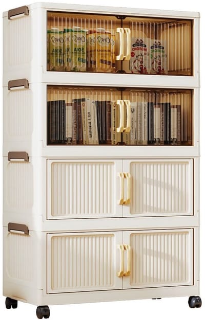 KZQ Opbergboxen Met Wiel En Deuren - 4 Lagen - Vouwbare Plastic Organizer Laden Voor Kast Dorm En Kantoor - Afneembare Deksels En Ruimtebesparend - 2 Lagen Transparent En 2 Lagen Crèmewit