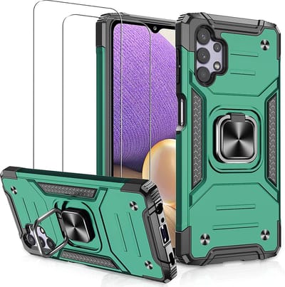 Hoesje Geschikt Voor Samsung Galaxy A32 4G Hoesje Heavy Duty Armor Hoesje Groen - Galaxy A32 4G Case Kickstand Ring cover met Magnetisch Auto Mount- Hoesje Geschikt Voor Samsung Galaxy A32 4G screenprotector 2 pack