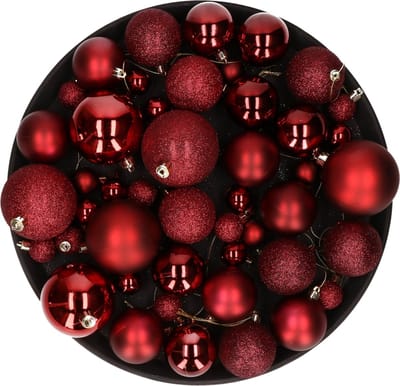 Kerstversiering set kerstballen in het donkerrood 6 - 8 - 10 cm pakket - 46x stuks - mat/glans/glitter mix