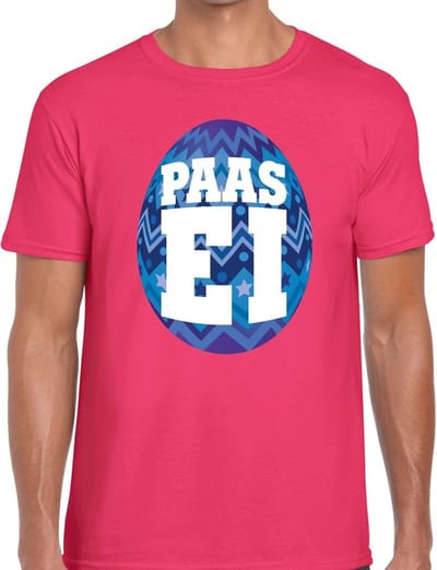 Roze Paas t-shirt met blauw paasei - Pasen shirt voor heren - Pasen kleding S